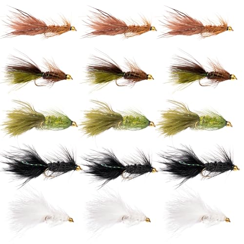 Woolly Bugger Fly Fishing Flies Assortment - Beadhead Streamer Wet Flies for Trout Bass Panfish - Hand-Tied Marabou Streamers for Rivers Lakes - size: 15 Pack – Size 10