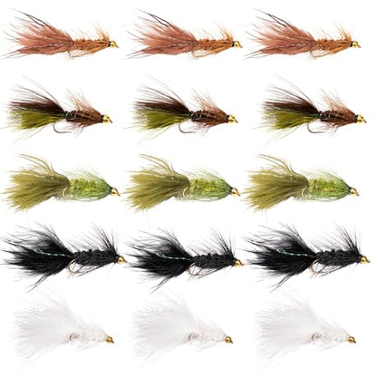 Woolly Bugger Fly Fishing Flies Assortment - Beadhead Streamer Wet Flies for Trout Bass Panfish - Hand-Tied Marabou Streamers for Rivers Lakes - size: 15 Pack – Size 10
