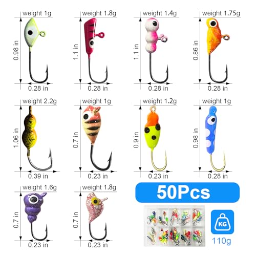 50PCS Ice Fishing Lures Kit, Ice Fishing Jigs for Walleye Perch, Jigs Heads for Ice Fishing Tackle, Panfish Crappie Perch Sunfish Pike bluegills Jigs