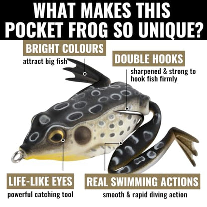 LUNKERHUNT Frog Lure for Bass Fishing | Pocket Frog Fishing Lure 1.75 Inch | Topwater Fishing Lures, Soft Hollow Body, Weedless Hooks for Trout, Pike in Saltwater and Fresh Water - style: Croaker