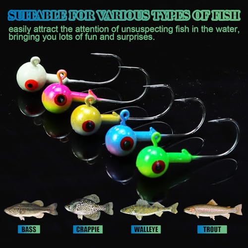 Fishing Jig Heads Assorted Size Round Painted Ball Head Hooks for Walleye Bass Trout Crappie Jig Heads Freshwater Saltwater,1/2oz 3/8oz 1/4oz 1/8oz 15-40pcs