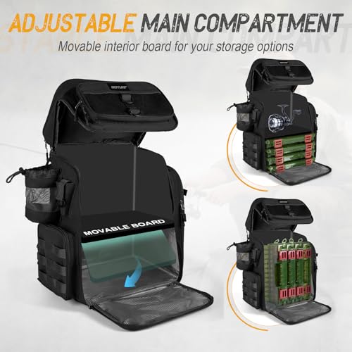 Goture Fishing Backpack with 4 Tackle Boxes, 900D Water-Resistant Tackle Backpack with Rod Holders,Insulated Cooler Compartment, 55L Large Capacity Fishing Gear Storage Bag for Saltwater & Freshwater - color: A3:black(4 Tackle Boxes Included)