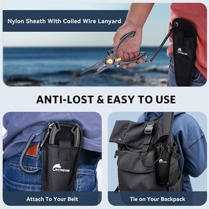Fishing Pliers Hook Remover, Saltwater Split Ring Pliers with Safety Lock, Fishing Gear with Sheath and Lanyard, Fishing Gifts for Men - color: Black