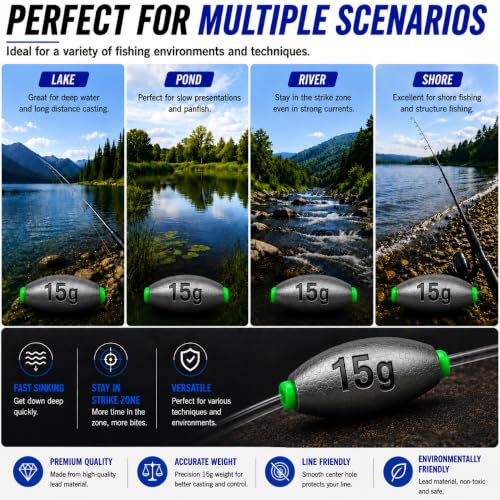 Egg Sinkers Fishing Weights, Oval Slip Sinkers Bullet Lead Fishing Weights for Freshwater Saltwater Tackle Set 1/8oz to 1oz - size: 1/2oz-15g-10pcs