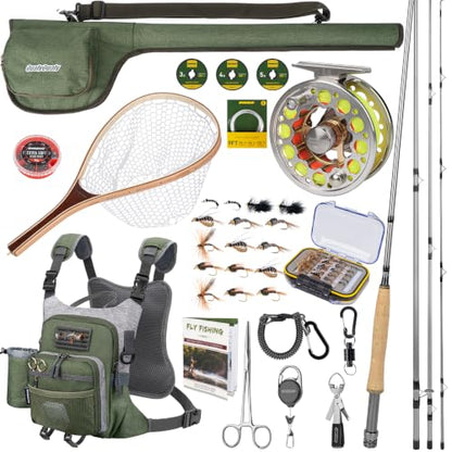 QualyQualy Fly Fishing Combo Starter Kit, 9Ft Fly Rod 4-Piece Graphite Rod with Bag, Accessories, Die Cast Aluminum Pre-Loaded Reel, Chest Pack, Fly Fishng Net & Flies - color: A-5/6-Glod Reel (Pack &Net)