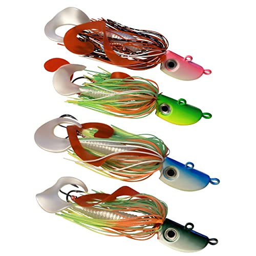 4 Bearded Bucktail Saltwater Octopus Jigs | Striper, Flounder, Fluke, Bass, Bluefish, Blackfish, Offshore, Surf Fishing, Speed, Slow Jigging, Vertical Pitching