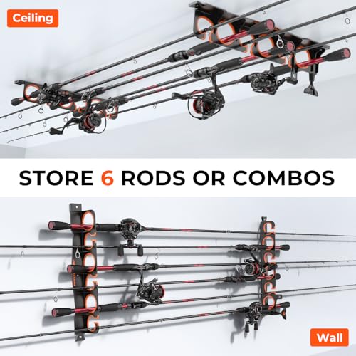 KastKing SafeGuard LS Horizontal Fishing Rod Rack with Line Spooler – Wall or Ceiling Mount, Holds 6 Rods & Combos in 18", No-Twist Fishing Rod Holder with Spooler & Cutter (Spinning & Baitcasting) - color: B:Upgraded w/ Spooler, 1 Pack(store 6 rods)