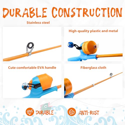Kids Fishing Pole, Telescopic Fishing Rod, Toddler Collapsible Fishing Rod and Reel Combo with Tackle Box, Fishing Line, Bobber, and Soft Lures for Boy, Girl, Youth, Beginner, Over 4 Years Old - color: orange