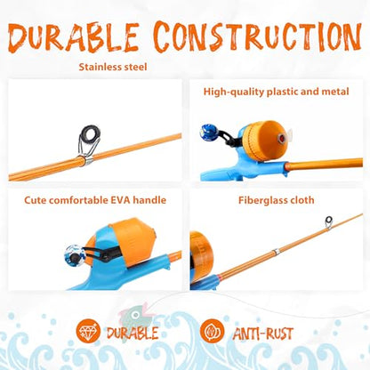 Kids Fishing Pole, Telescopic Fishing Rod, Toddler Collapsible Fishing Rod and Reel Combo with Tackle Box, Fishing Line, Bobber, and Soft Lures for Boy, Girl, Youth, Beginner, Over 4 Years Old - color: orange