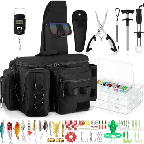 RoundFunny 88 Pcs Fishing Tackle Kit Fishing Pliers Set Fishing Tackle Bag Fishing Lures Kit Fish Gripper Fish Scale Fish Hook Remover Fish Lip Gripper