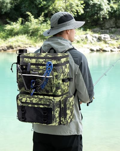 HXLGMD Fishing Backpack with Rod Holders, Double Layer Large Water-resistant Tackle Bag Store Gear with Cooler, Green - color: Green Camouflage