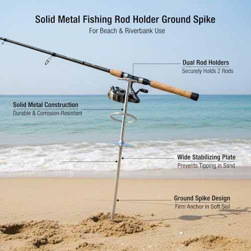 Solid Wood Fishing Rod Holder with Ground Spike for Beach, Riverbank, and Shore Fishing