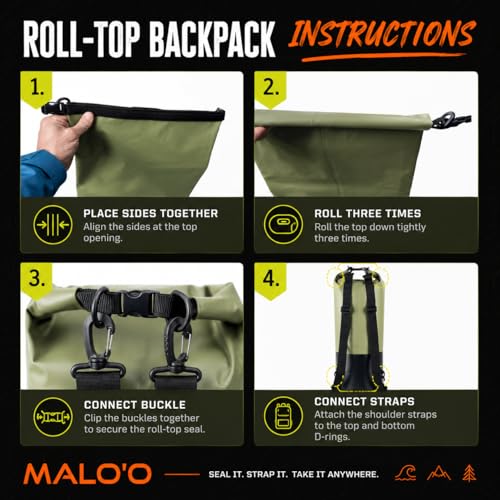 Malo’o DryPack 30L Waterproof Kayak Dry Bag, Heavy Duty Roll-Top Dry Bag with MOLLE Grid and Carry Straps for Fishing, Paddle Boarding, Boating, Camping, and Travel, Orange - color: Orange, style: 30l Dry Bag