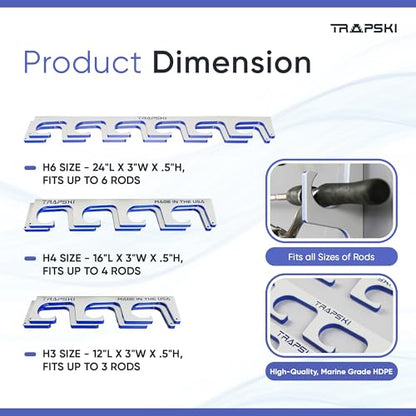 TRAPSKI Made in the USA Premium Fishing Rod/Pole Holder Rack Organizer | Wall or Boat Mounting Fishing Rod Rack | Marine Grade HDPE Plastic | Holder for up to 4 Rods | Stackable - color: H4 White/Blue