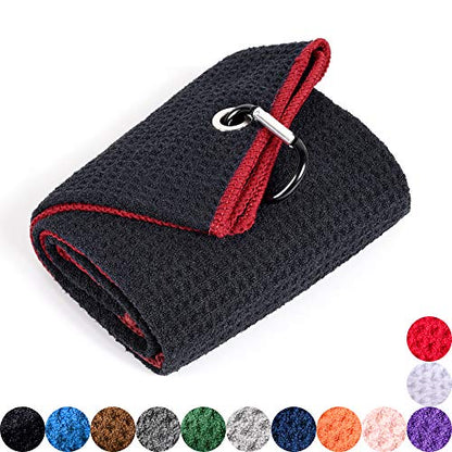 Mile High Life Microfiber Waffle Pattern Golf Towel | Club Groove Cleaner Brush | Foldable Divot Tool with Magnetic Ball Marker (Black w/red Towel/Brush/Fish Divot) - color: Black W/Red Towel/Brush/Fish Divot