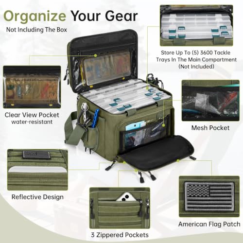 Fishing Tackle Bag - Holds 3400-3600 Size Tackle Boxes -Saltwater & Freshwater Fishing Bags - Padded Shoulder Strap Fishing Bags(Green) (Bag Only) - color: Green