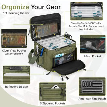 Fishing Tackle Bag - Holds 3400-3600 Size Tackle Boxes -Saltwater & Freshwater Fishing Bags - Padded Shoulder Strap Fishing Bags(Green) (Bag Only) - color: Green