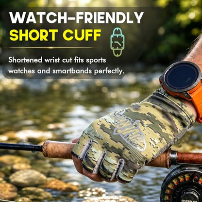 Riverruns SwiftShield Fishing Gloves Shortened Wrist UPF50+ Sun Gloves Fingerless Lightweight Breathable Hiking Driving Kayaking Paddling - color: CamoKhaki, size: X-Large
