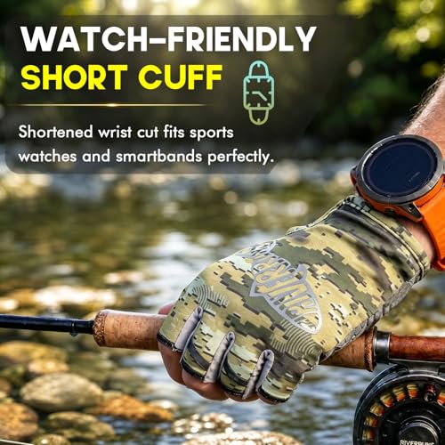 Riverruns SwiftShield Fishing Gloves Shortened Wrist UPF50+ Sun Gloves Fingerless Lightweight Breathable Hiking Driving Kayaking Paddling - color: CamoKhaki, size: X-Large