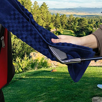Cotton Golf Towel for Bag With Clip - Tri-fold Towel for Ball, Putter, Club Cleaning - Checkered Pattern Design (Dark Blue) - color: Dark Blue