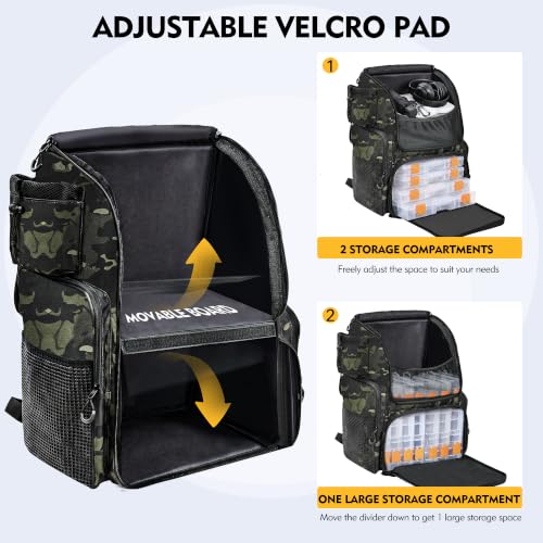 MGB Fishing Tackle Backpack with Rod Holders & YKK Zipper, 46L Fishing Bag with Bottle Holder, Storage Bag Store Fishing Gear - color: Green+black Camo（without Tackle Box）