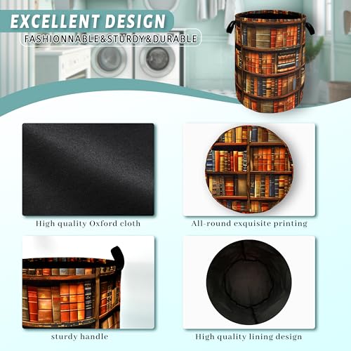 Retro Wooden Bookshelf Pattern Laundry Hamper Books Laundry Basket With Handles Foldable Oxford Cloth Funny Tote Bag Clothes Toy Storage Bucket 18.9"x16.5" For Bathroom/Laundry/Bedroom - color: Retro Wooden Bookshelf