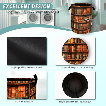 Retro Wooden Bookshelf Pattern Laundry Hamper Books Laundry Basket With Handles Foldable Oxford Cloth Funny Tote Bag Clothes Toy Storage Bucket 18.9"x16.5" For Bathroom/Laundry/Bedroom - color: Retro Wooden Bookshelf