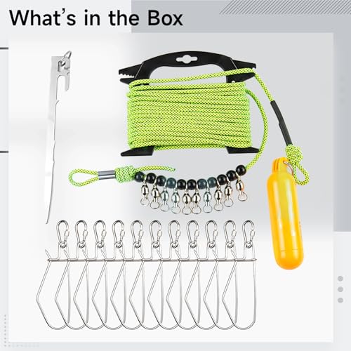 10 Clip Stainless Steel Fish Stringer, 32.8 ft Rope, 0.2 in Clips, Live Fishing Lock with Anti-Pester Rope for Catfish/Carp, Lake/Reservoir Use