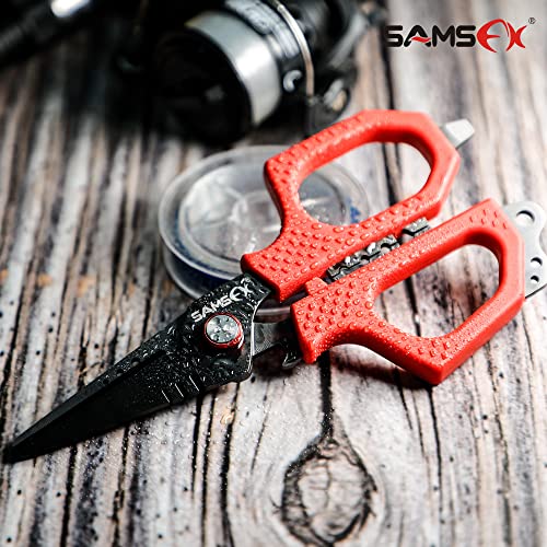 SAMSFX 6.5" Pro Fishing Shears Dual Serrated Blades, Fishing Braided Line Scissors with Titanium Coating, Non-Slip Grip & Multifunction Tool, Includes Hard Molded Locking Sheath & Coiled Lanyard - color: A: Red Kraton Handle, Hard Sheath