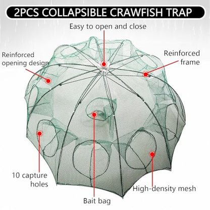 Collapsible Crawfish Trap 2Pcs, Foldable Lobster Crab Trap with Rope, 36.5" Portable Fishing Bait Trap Crawfish Trap Minnow Trap, 6/10 Holes Large Space Umbrella Fishing Net