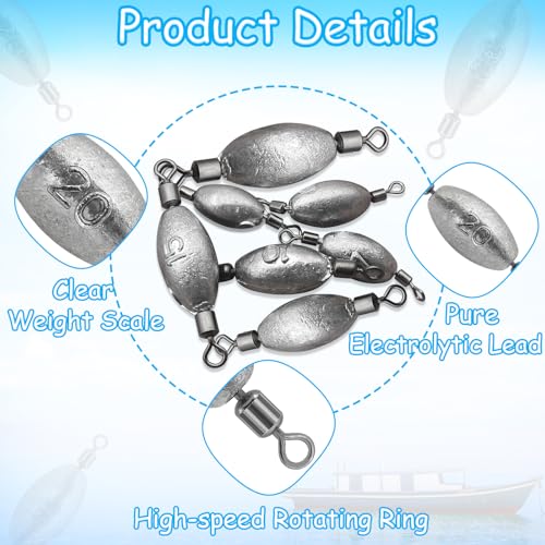 15Pcs Fishing Weights Sinkers Inline Trolling Sinkers with Inner Swivels | Egg Sinkers Oval Drop Shot Weights Lead for Saltwater Freshwater Fishing - size: 3/4oz-15Pcs