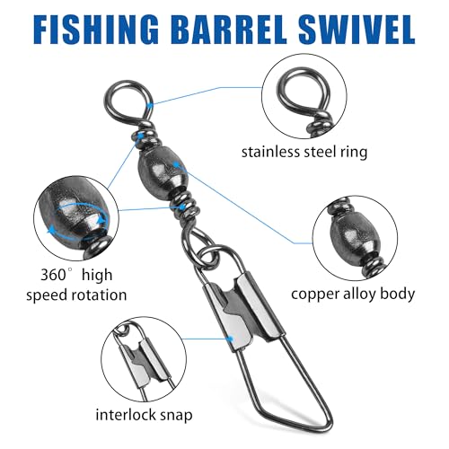 Fishing Barrel Swivel Snap Kit,Rolling Barrel Swivels with Safety Snaps High Strength Copper and Stainless Steel Fishing Quick Connect Snap Swivel Fishing Tackle - color: Black Colors - 60pcs