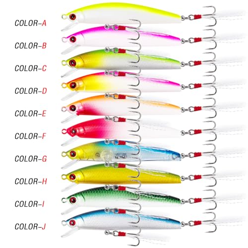 10Pcs Fishing Lures Minnow Bass Lure Jerkbait Topwater Hard Baits with Double Treble Hooks Flasher Feathers for Bass Trout Walleye Redfish Saltwater Freshwater 3.4in/0.3oz