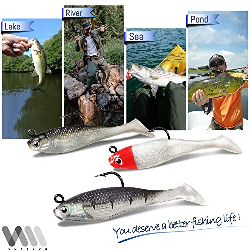 Soft Fishing Lures Shad Minnow Swimbaits, Pre-Rigged Jig Heads Paddle Tail Swim Baits for Bass, Trout, Walleye, Crappie, Sinking Jigs Bait for Saltwater Freshwater, Fishing Gifts for Men - color: A4-Weedness Pre Rigged Swim Baits-5pcs-3.15inch