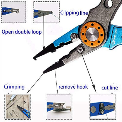Lixada Fishing Pliers Saltwater Aviation Aluminum with Sheath and Lanyard - Braid Cutters Split Ring Pliers Hook Remover Line Cutting Stainless Steel Jaw Fish Holder, Durable & Lightweight - color: Blue