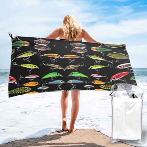 Fishing Lure Quick Dry Microfiber Towel with Carabiner and Pouch,Lightweight Compact Travel Towel for Camping,Gym,Hiking - size: 27.5"x55"
