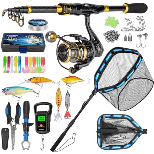 THKFISH Telescoping Fishing Rod and Reel Combo with Backpack, Carbon Fiber Travel Fishing Pole Spinning Reel Kit with Fishing Lures, Fishing Tools Kit for Men - color: Fishing reel & rod with fishing net, size: 39IN