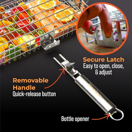 Adjustable Grill Basket with Removable Handle – 4 Height Levels for Vegetables, Meat, Fish & More – Locking Lid - Basting Brush, Scrub Sponge & Storage Bag for Outdoor Cooking - size: Adjustable w/ Sponges