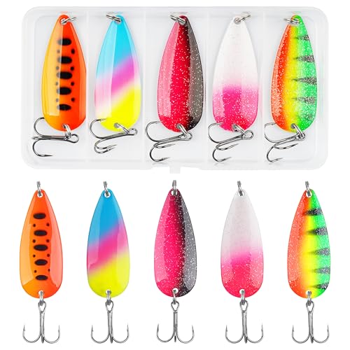 Fishing Spoons Lures Trout Spoons Fishing Lure Metal Jigging Trout Lures Casting Trolling Spoons with Durable Treble Hooks for Trout Bass Pike Walleye Crappie Salmon - size: 3/16oz(5g)-5pcs