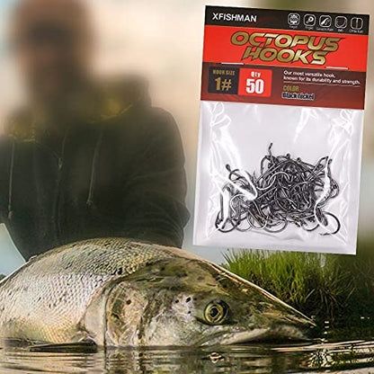 Octopus-Hook-Fishing-Beak-Circle-Hooks-Freshwater-Red-Black-100-50 Pack - color: 2-Black, size: Size:1 50-Pack