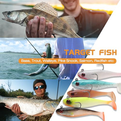 Pre-Rigged Soft Fishing Lures Jig Head Paddle Tail Swimbait for Bass Walleye Trout Crappie Fishing Gear for Saltwater Freshwater - size: 3.5"-0.44oz