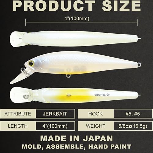 LUCKY CRAFT Pointer 100SP, Jerkbait Side by Side Action Tournament Winning Perfect Wobbling Freshwater Lake Bass Fishing Champion Bait - color: 445 French Pearl OB