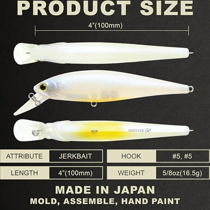 LUCKY CRAFT Pointer 100SP, Jerkbait Side by Side Action Tournament Winning Perfect Wobbling Freshwater Lake Bass Fishing Champion Bait - color: 445 French Pearl OB