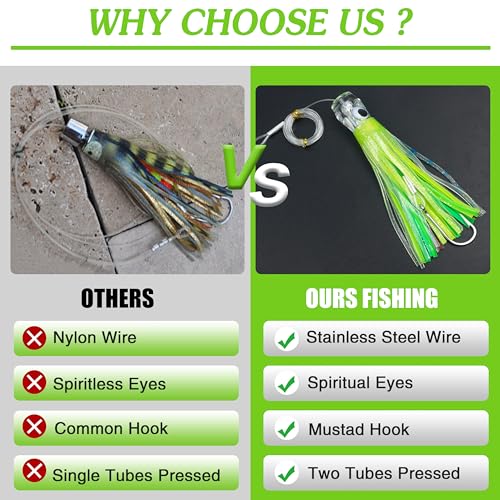 Saltwater Fishing Lures 6/9inch Trolling Lures for Marlin Mahi Tuna Dolphin Shark Big Game Deep Sea Fishing Baits Squid Skirts Rigged Hooks Ocean Gear Tackle - color: Green-1pcs, size: 6inch