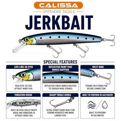 Calissa Offshore Tackle 110mm and 140mm California Inshore Fishing - Special Jerkbait Crankbait Surf Flash Fishing Salt Pro Lure Minnow Zebra MS Metallic Sardine Glow - size: 110mm, style: 5 Pack