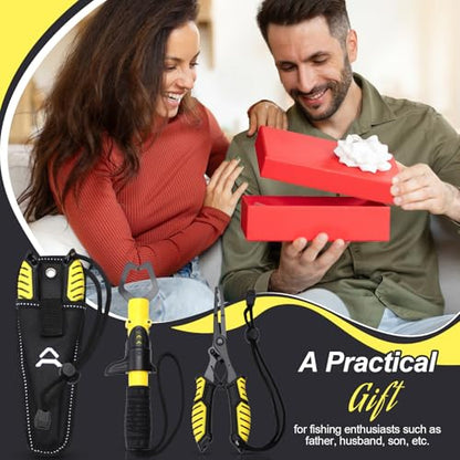 RoundFunny Fish Lip Gripper Pliers, Combo Fishing Tool Kit Stainless Steel Multifunction Hook Remover, Split Ring Pliers with Lanyards Sheath for Fly, Easter Fishing Basket Gift Gear Men Women - color: Yellow