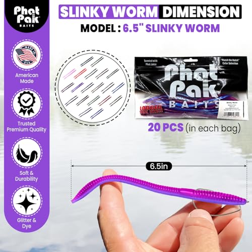 Phat Pak Baits - Slinky Worm Zoom Trick Worm Style Straight Tail Floating Worm Bass Fishing Lure 20ct 6.5" - color: Methiolate