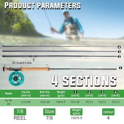 Sougayilang 5/6 Weight 9ft Fly Rod, 4-Piece Graphite Rod, Die Cast Aluminum Reel, Carrying Case, Fly Box & Fishing Flies Combo Starter Kit - color: Fly Fishing Combo #8-Turquoisee