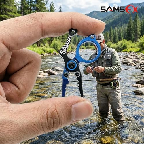 SAMSFX Mini Fishing Pliers with Fly Fishing Zinger Retractor, Fish Hook Remover Tool, Split Ring Pliers for Saltwater & Freshwater, Tungsten Carbide Cutters, Fishing Gear Gift for Anglers - color: Blue