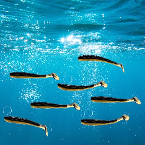 Soft Fishing Lures - Paddle Tail Swim Bait for Bass, Trout in Saltwater & Freshwater - Rigged with Hooks - Durable ABS Plastic - color: Dark Gold, size: 2.95"